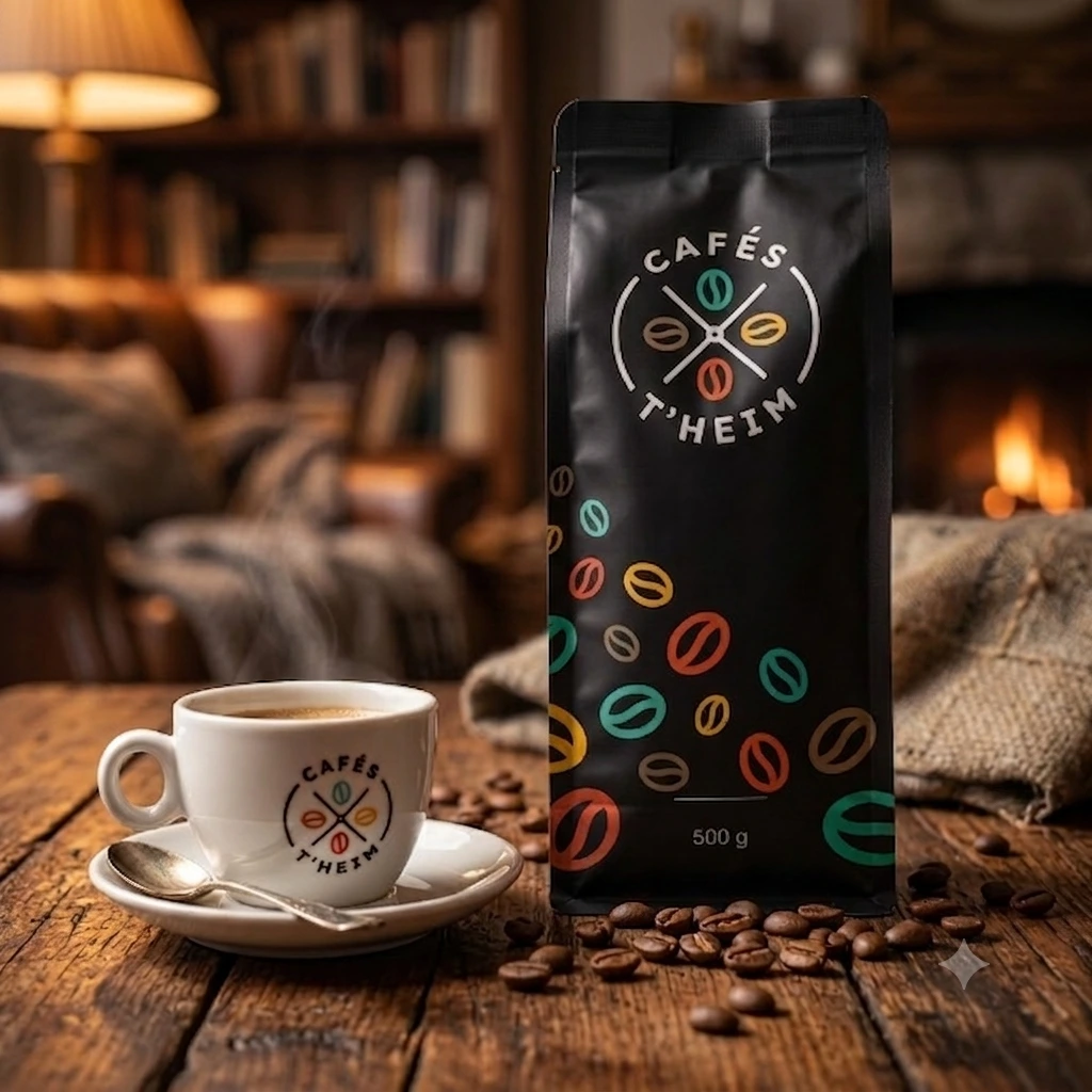 Paquet de café Cafés T'heim posé sur une table avec une tasse à côté